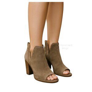 Lucky Brand  LIBETH Leather Suede Tan Peep Toe Stacked Heel Bootie Shoe Sz 7 M